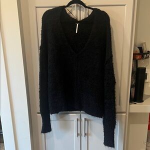 Free People Black Fuzzy V-Neck Sweater